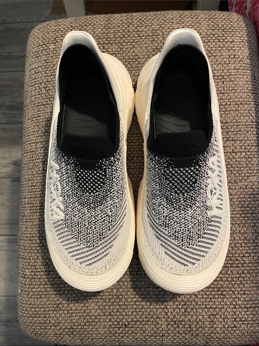 Hoka One One Women's Slip-On Knit Athleisure Sneakers in Black and White/Cream